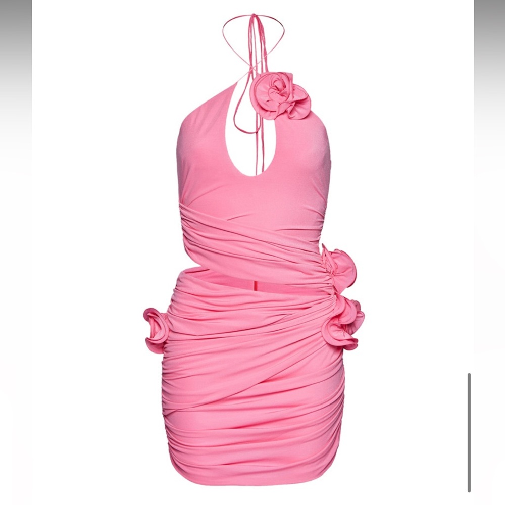 Ruched Stretch Jersey Dress In Pink Floral Appliqué